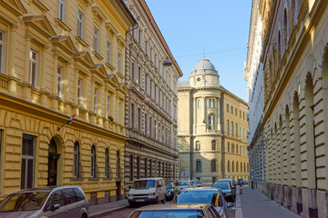 View of buildings along Vadász street in Budapest, Hungary.