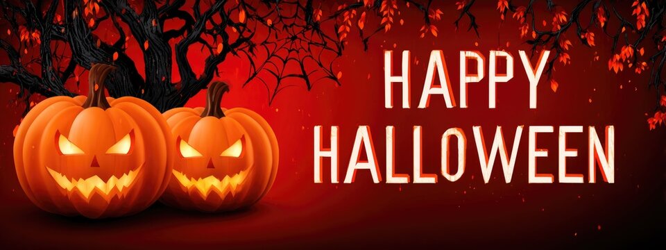 Two glowing carved Halloween pumpkins with spooky faces and a dark haunted forest on a vibrant red background featuring spiderwebs.