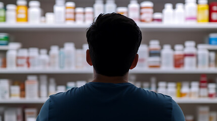 A person looking at shelves of medicine in a pharmacy. The shelves are full of white bottles, and the person is looking for a remedy to alleviate their pain. Pharmacy and its remedies.