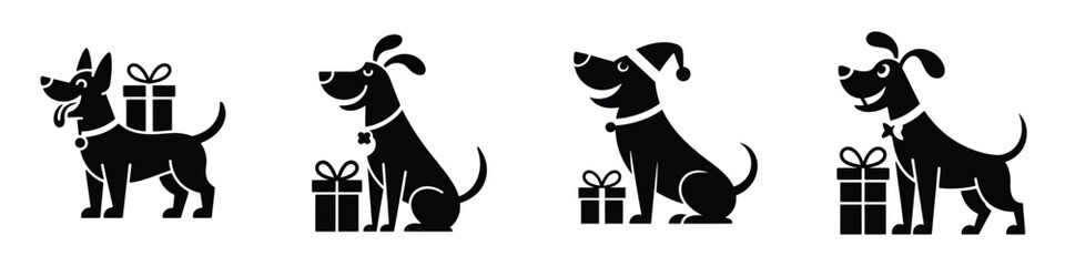 Christmas Dog Silhouette Vector Illustration – Cute Holiday Puppy with Gift Box, Festive Pet Art for Winter Season Celebration, Christmas Decoration, Greeting, and Holiday Design