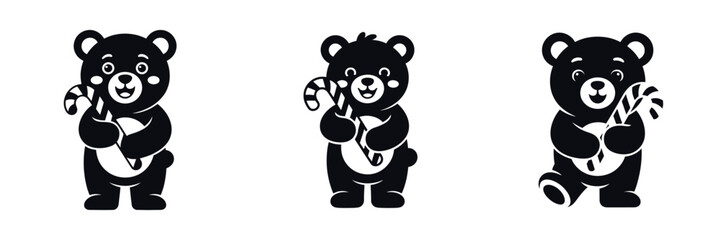 Christmas Bear Silhouette Vector Set – Cute Teddy Bears Holding Candy Canes, Festive Holiday Animal Illustration for Winter Celebration, Kids Christmas Design, and Seasonal Decoration Art