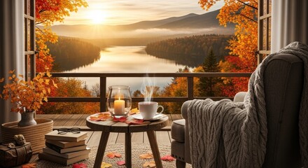 Cozy balcony view of autumn lake mountains at sunrise with hot drink.