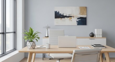 Modern home office interior with wooden desk and potted plant.