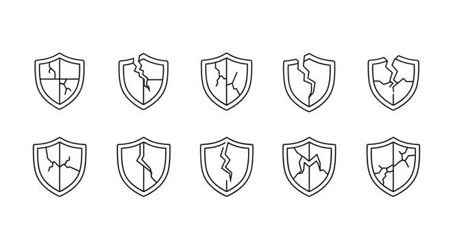 Collection of ten cracked shield linear symbols, representing broken protection, vulnerability, and damage. These versatile vector graphics are ideal for use in designs, books, adverts, apps, and