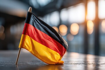 A small German flag displayed on a polished wooden surface in an indoor setting, symbolizing national pride and international relations, ideal for cultural or political content.