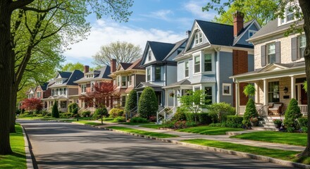 Row of historic homes line a quiet suburban street on a sunny day.