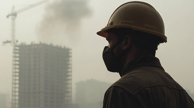 Construction worker wearing a mask in a polluted environment, amidst buildings under construction and smog. Hard hat and safety precautions in a hazy cityscape.