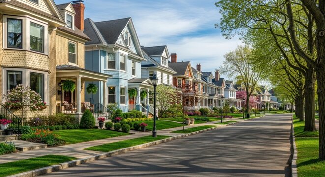 Row of colorful historic houses lining a tree-shaded suburban street.