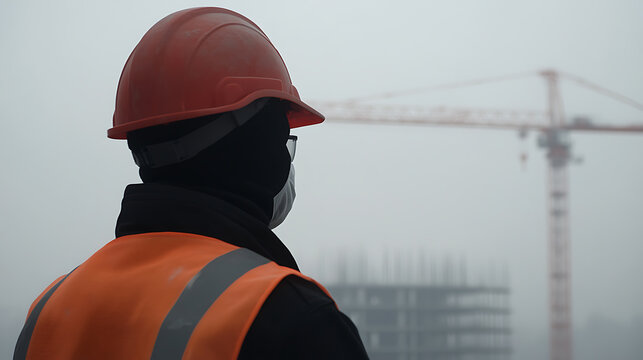 A construction worker in a hard hat and safety vest looks out at a foggy construction site with a crane and a building frame visible in the distance. The worker is wearing a mask, a sign of the times.