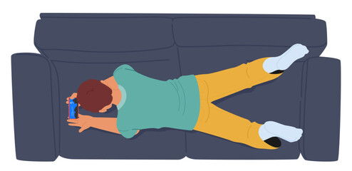 Teenage boy cartoon character lying on sofa couch playing video games on smartphone overhead view © Anna Syvak