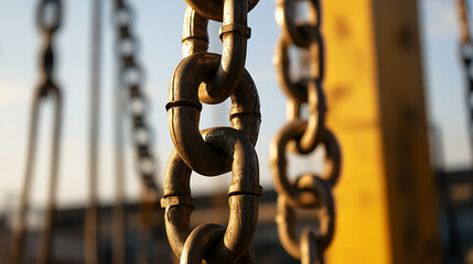 Linked Together: A closeup of heavy metal chains suspended, showcasing the strength of industry and lasting connections, symbolizing resilience. Industrial might.