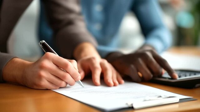 The hands of a young man and a Black man sign documents on a wooden table a calculator and a stack of financial reports nearby top view of a formal business meeting contract sig