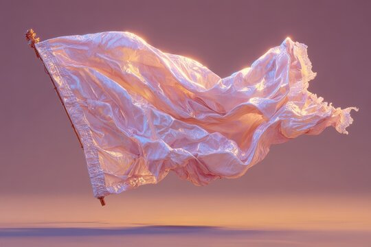 An ethereal, flowing pink silk flag with a golden ornamental staff against a soft gradient background, capturing movement and shimmering light with elegance and grace. - Powered by Adobe