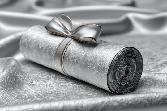 A luxurious scroll wrapped with a silver ribbon and gold trim, resting on a textured silver fabric, ideal for high-end announcements or invitations design.