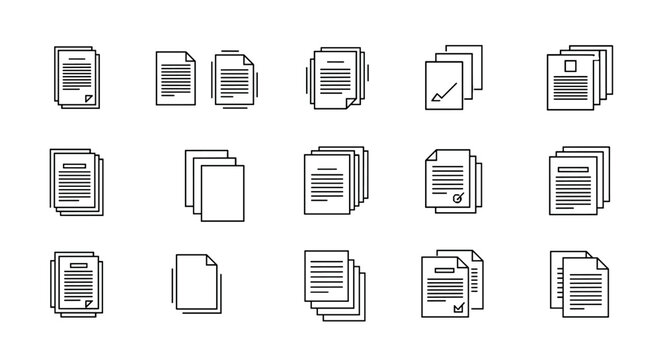 A collection of white outline document icons representing single and multiple pages, presented on a black background, ideal for digital interfaces and business presentations, conveying concepts of
