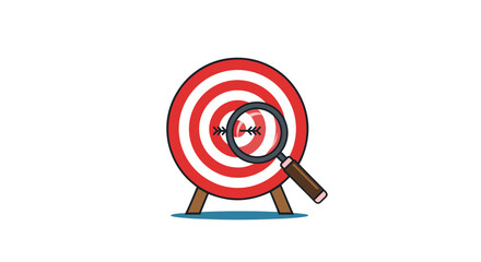 Close-up view of a target with arrows in the bullseye, magnified by a magnifying glass, symbolizing search engine optimization, data analysis, and achieving goals with precision and focus, presented