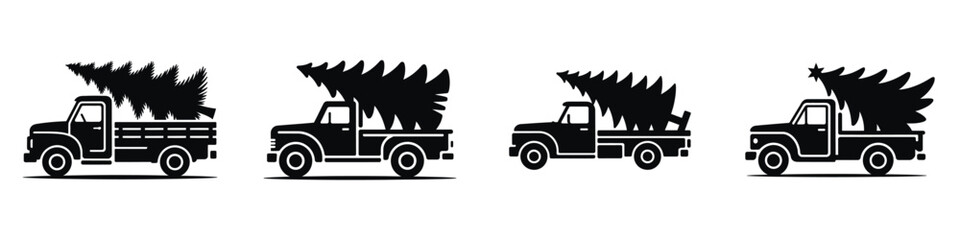 Christmas Truck Silhouette Vector Illustration – Vintage Pickup Carrying Christmas Tree, Festive Holiday Vehicle Design for Winter Decoration, Seasonal Art, and Christmas Celebration