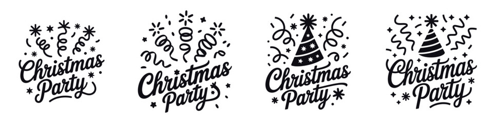 Christmas Party Lettering Vector Illustration – Festive Holiday Typography with Confetti, Celebration Hat, and Decorative Elements for Winter Event, New Year, and Seasonal Greeting Design