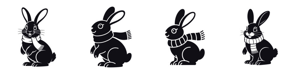 Christmas Bunny Silhouette Vector Illustration – Cute Winter Rabbit Wearing Scarf, Festive Woodland Animal Design for Holiday Greeting, Seasonal Art, and Christmas Decoration