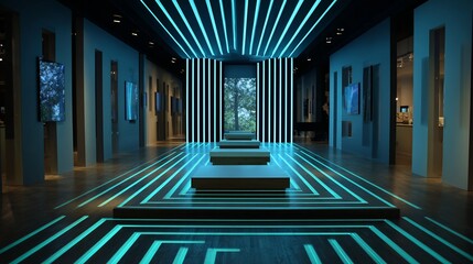 Explore modern art gallery with neon lights and digital displays for a unique cultural experience