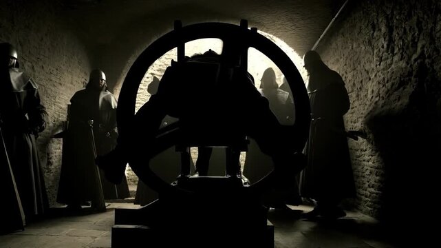Soldiers in armor torturing captive man in dark medieval castle dungeon. Historical scene of cruelty and punishment in Middle Ages. historical punishment and interrogation in dark stone chamber