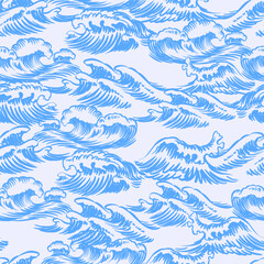 Engraved Sea waves. Nautical marine seamless pattern with. Hand drawn elements for summer vacation.