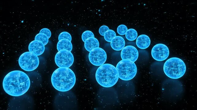 Abstract digital spheres glowing with binary code on black background
