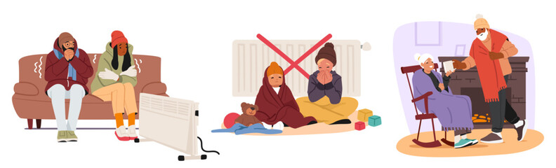 People of different ages suffering from home heating absence struggling with low temperature indoors