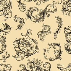 Vintage Baroque or renaissance Seamless pattern hand drawn Victorian set of ornament floral elements engraved retro flower decorative design heraldic swirls.