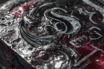 Close up of silver embossed book cover with intricate designs and red accents for fantasy readers