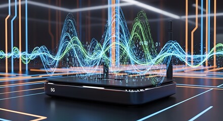 Close-up of a sleek 5G router emitting holographic digital waves