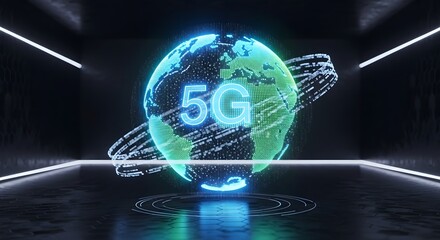 A glowing 5G holographic globe floating in a dark futuristic room, data streams circling around it