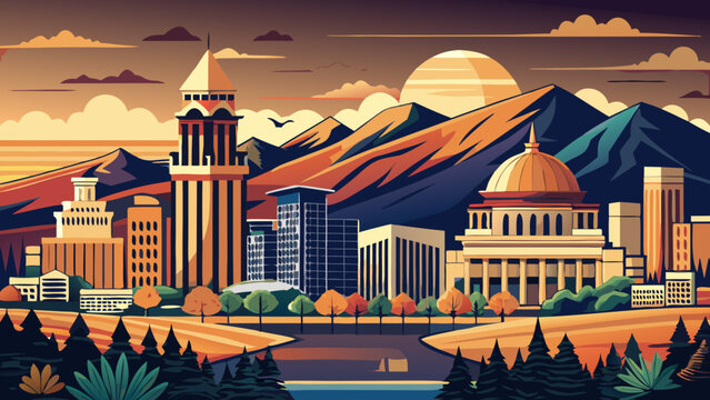 Very beautiful Boise vector travel poster in cinematic minimal landscape art style, featuring the city skyline, surrounding foothills, and modern architecture with warm sunset tones capturing Idaho&rsquo;s 