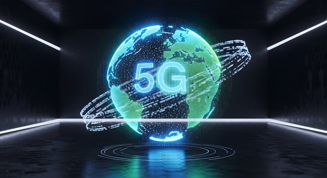 A glowing 5G holographic globe floating in a dark futuristic room, data streams circling around it - Powered by Adobe