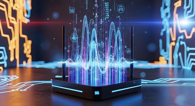 Close-up of a sleek 5G router emitting holographic digital waves