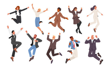 Businesspeople feeling happy joyful while jumping up high and raising hands isolated set on white