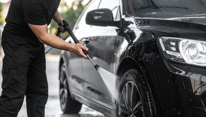 Person washing a black car with a pressure washer, showcasing a clean and shiny vehicle.