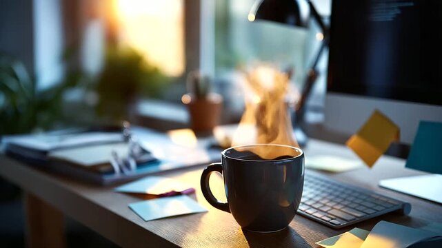 A modern student&rsquo;s home workspace glows with morning light a desk cluttered with a sleek computer a gooseneck lamp casting a warm glow scattered sticky notes and a steaming