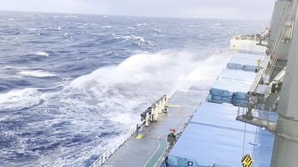 Cargo ship battles heavy storm in the North Atlantic — huge waves, strong wind, and sea spray show human resilience. Editorial / Documentary /  dramatic maritime scene 
