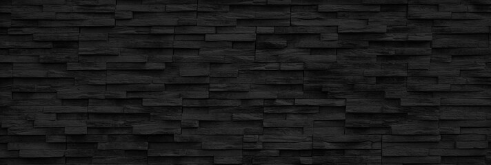 Black white dark gray background. Stone wall surface texture. Exterior. Close-up. For design. Empty blank template. Wide banner. Panoramic.
