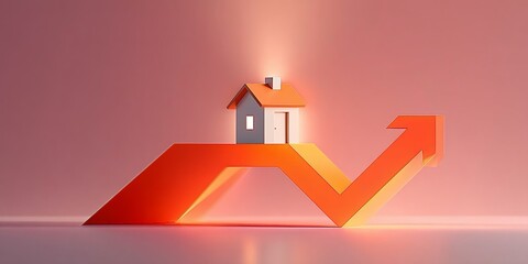 Casa stilizzata posta sopra una freccia arancione che si inclina verso l’alto per rappresentare la crescita nel valore immobiliare.