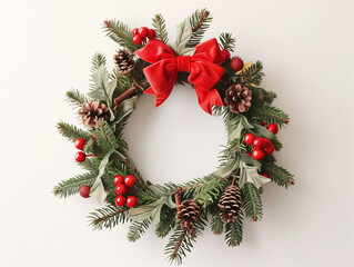 Christmas wreath on white wall, minimal composition with copy space
