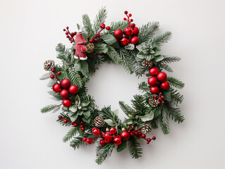 Christmas wreath on white wall, minimal composition with copy space
