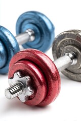 Due pesi  in acciaio colorato, per l'allenamento sportivo, isolati su sfondo bianco trasparente