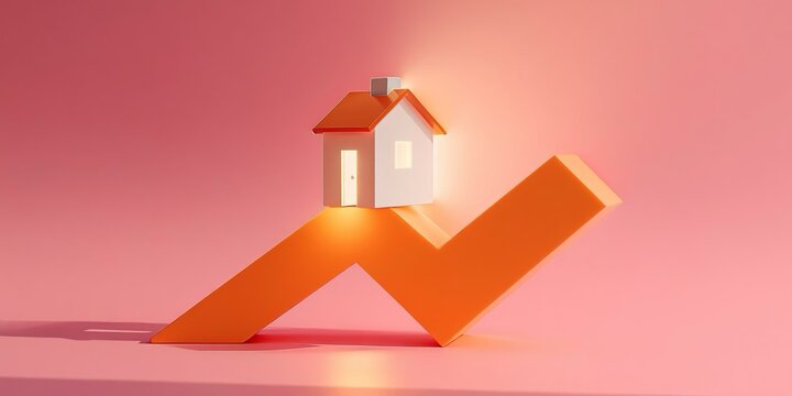 Casetta stilizzata posta sopra una spunta arancione diretta verso l&rsquo;alto per simboleggiare una crescita o un aumento nel mercato immobiliare.