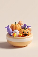 Una ciotola piena di caramelle di Halloween e piccole zucche decorative.

