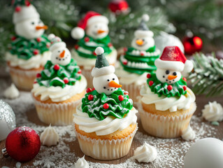Cupcakes decorated with Christmas trees and snowmen
