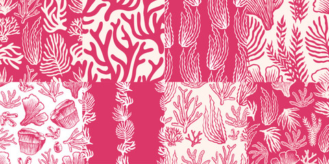 Set of Corals and seaweed seamless patterns. Abstract leaves Botanical Illustration. Underwater sea plants and flora. Hand Drawn set. 