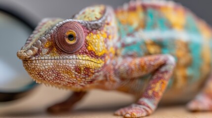 Obraz premium A colorful chameleon with intricate textures and patterns, poised on a surface, showcasing its vibrant scales and unique eye.