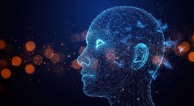 Digital head profile with glowing blue lines and bokeh lights on dark background.